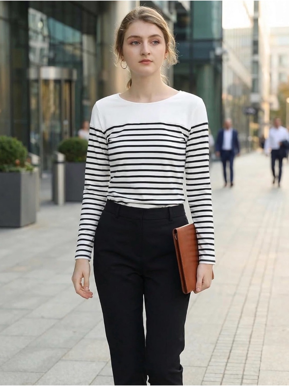 Allegra K White and Black Striped Long-Sleeve Scoop Neck Top